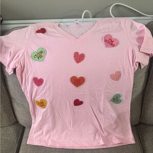 Bella Canvas Pink Short Sleeve V-Neck Tee with Conversation Heart Patches